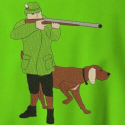 motif de broderie machine d'un chasseur et de son chien de chasse