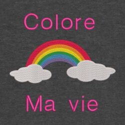 Motif de broderie machine d'un arc en ciel posé sur deux nuages avec le texte "colore ma vie"