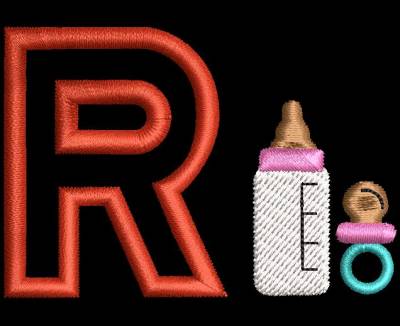 Design2 Motif de broderie machine alphabébé R. Alphabet bébé avec un biberon et une sucette ou tétine. Hauteur: 5 cm . cadre: 10 x 10 Formats des fichiers dans votre téléchargement PES,CSD,EXP,HUS,SHV,VIP,XXX,DST,PCS,VP3,EMB,JEF… Téléchargement immédiat après votre paiement et aussi disponible dans votre compte.