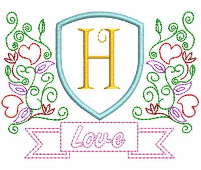 H Motif de broderie machine blason love monogramme H . cadre: 10 x 10 . Formats des fichiers dans votre téléchargement PES,CSD,EXP,HUS,SHV,VIP,XXX,DST,PCS,VP3,EMB,JEF… Téléchargement immédiat après votre paiement et aussi disponible dans votre compte.