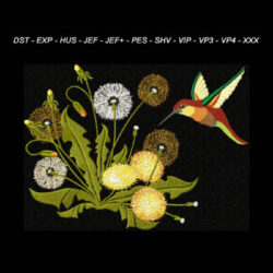 broderie de colibri butinant des pissenlits