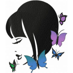Broderie de visage de femme entouré de papillons multicolores, broderie pour machine