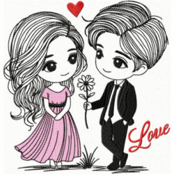 broderie de couple d'amoureux, broderie machine de St-Valentin, broderie de garçon qui offre une fleur à son amis