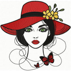 broderie de femme avec un grand chapeau, broderie de papillons et fleurs, broderie machine, broderie mode