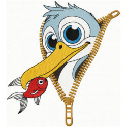 Broderie d'un pélican sortant d'une poche avec un zip, broderie machine d'oiseau drôle