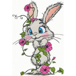 Broderie d'un lapin mignon qui jardine des fleurs, broderie machine pour Pâques, broderie d'animal, broderie de printemps
