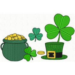 Broderie pour la St-Patrick, broderie machine avec or, trèfle et chapeau magique