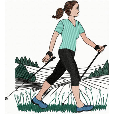 female-mountaineer-machine-embroidery-pattern Broderie de Femme Sportive en Randonnée dans la Campagne – Image 1