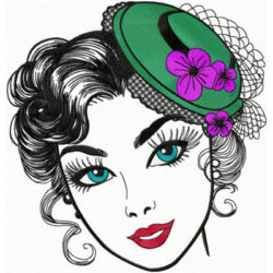 Broderie de femme vintage, broderie machine de visage de femme avec un chapeau à voilette, broderie mode