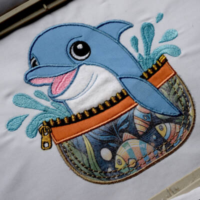 broderie-d-applique-de-dauphin-pour-machine Broderie d'applique de dauphin, broderie machine d'un adorable poisson sortant d'une poche avec un zip, broderie marine