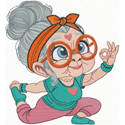 funny-grandma-at-the-gym-woman-embroidery-design-for-machine broderie d'une mamie qui fait son yoga, broderie machine amusante, broderie de femme, broderie de sport, broderie mode
